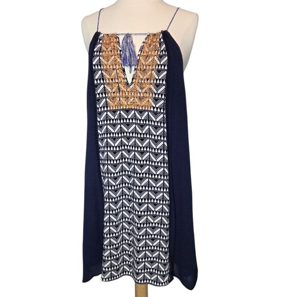 Anthropologie THML Dress Embroidered Blue Medium Stretch Lined Tassel Pull Over - Picture 1 of 9